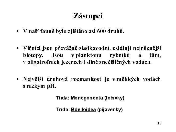 Zástupci • V naší fauně bylo zjištěno asi 600 druhů. • Vířníci jsou převážně