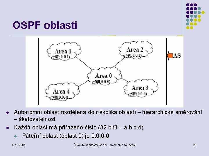 OSPF oblasti l l Autonomní oblast rozdělena do několika oblastí – hierarchické směrování –