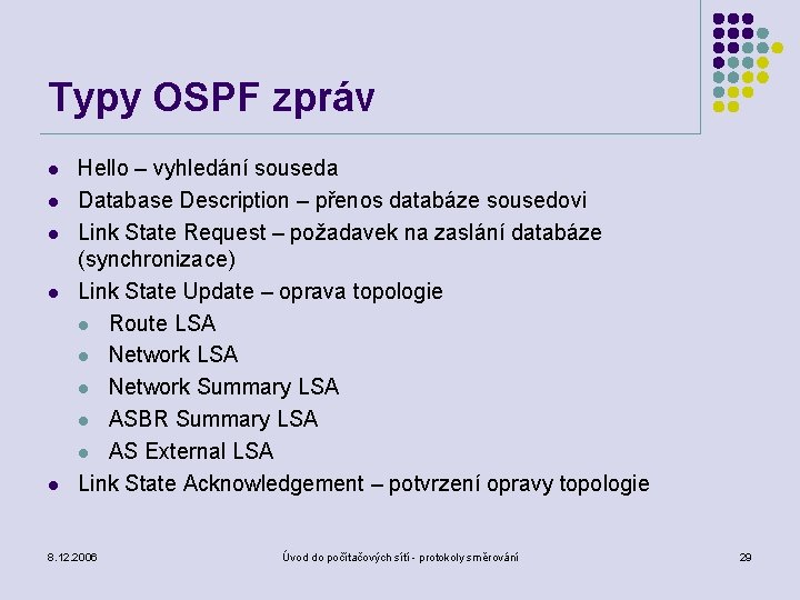 Typy OSPF zpráv l l l Hello – vyhledání souseda Database Description – přenos