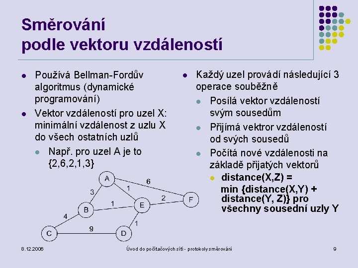 Směrování podle vektoru vzdáleností l l Používá Bellman-Fordův algoritmus (dynamické programování) Vektor vzdáleností pro