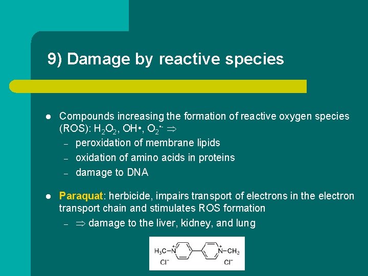 9) Damage by reactive species l Compounds increasing the formation of reactive oxygen species