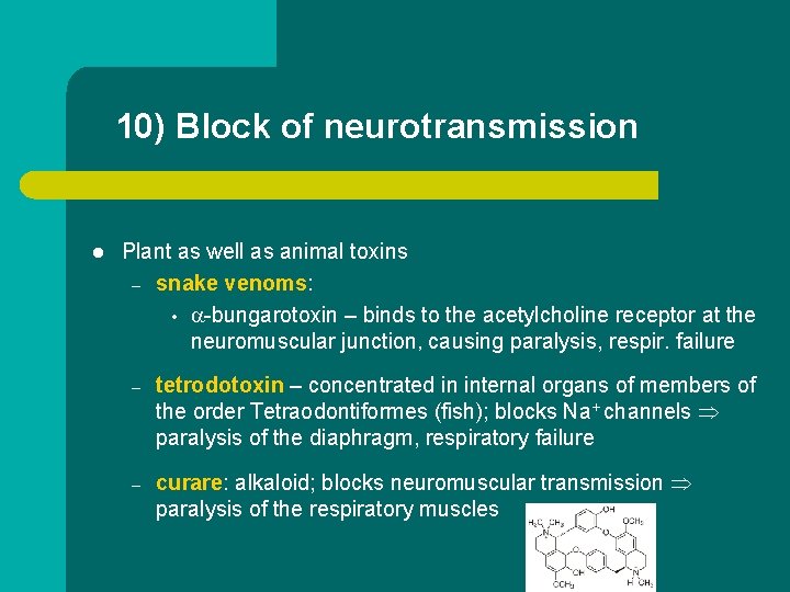 10) Block of neurotransmission l Plant as well as animal toxins – snake venoms:
