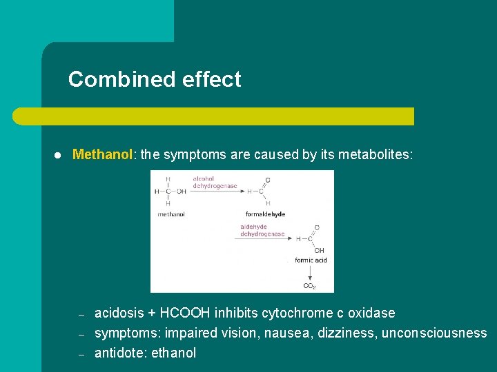 Combined effect l Methanol: the symptoms are caused by its metabolites: – – –