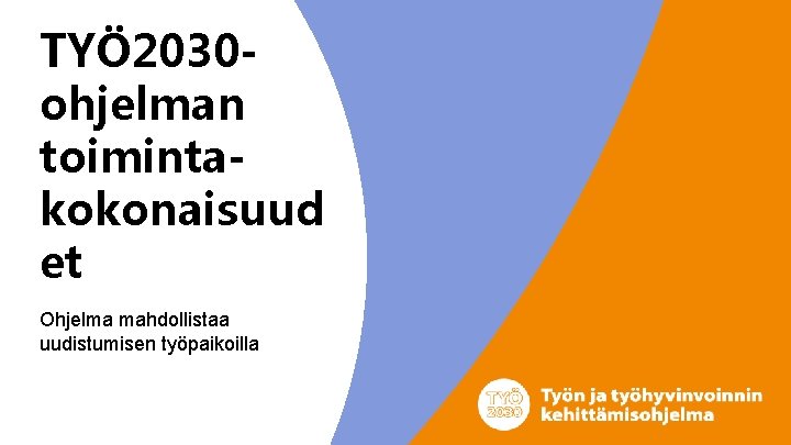 TYÖ 2030 ohjelman toimintakokonaisuud et Ohjelma mahdollistaa uudistumisen työpaikoilla 