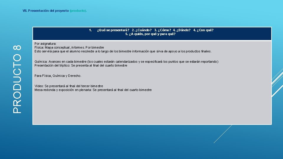 VII. Presentación del proyecto (producto). PRODUCTO 8 1. ¿Qué se presentará? 2. ¿Cuándo? 3.