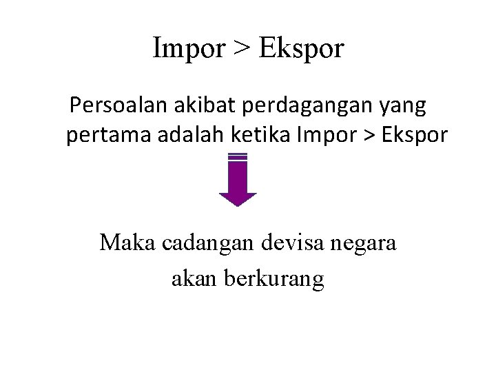 Impor > Ekspor Persoalan akibat perdagangan yang pertama adalah ketika Impor > Ekspor Maka