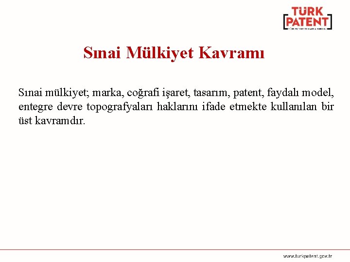 Sınai Mülkiyet Kavramı Sınai mülkiyet; marka, coğrafi işaret, tasarım, patent, faydalı model, entegre devre
