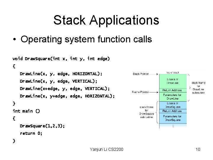 Stack Applications • Operating system function calls void Draw. Square(int x, int y, int