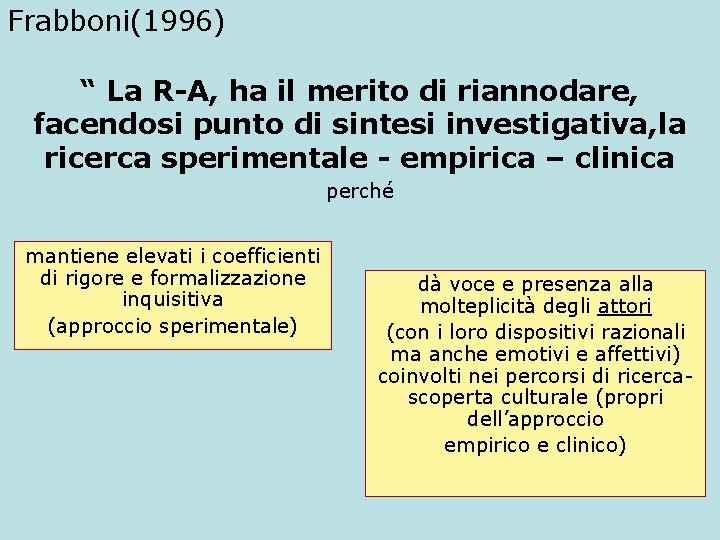 Frabboni(1996) “ La R-A, ha il merito di riannodare, facendosi punto di sintesi investigativa,