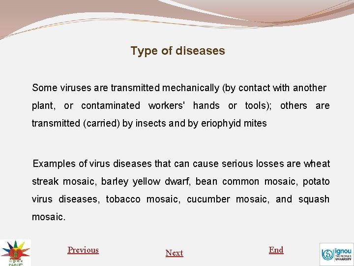 Type of diseases Some viruses are transmitted mechanically (by contact with another plant, or