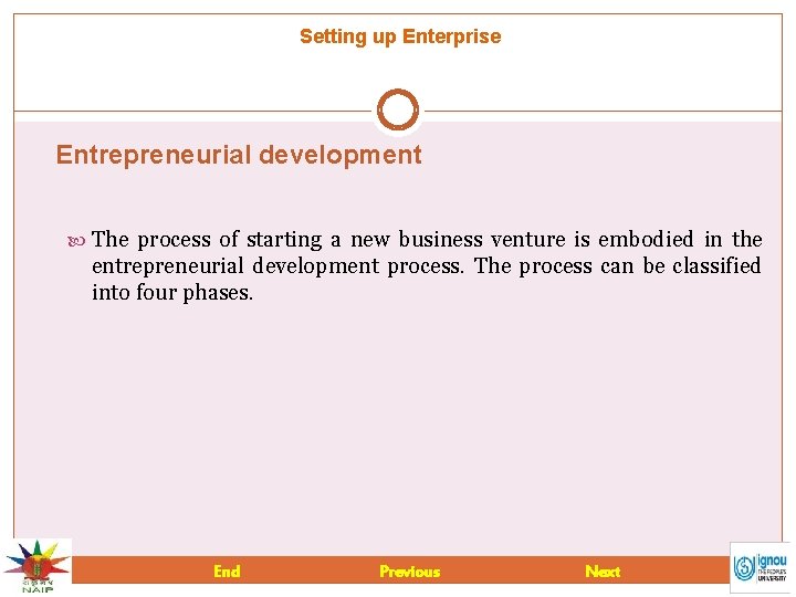 Setting up Enterprise Entrepreneurial development The process of starting a new business venture is