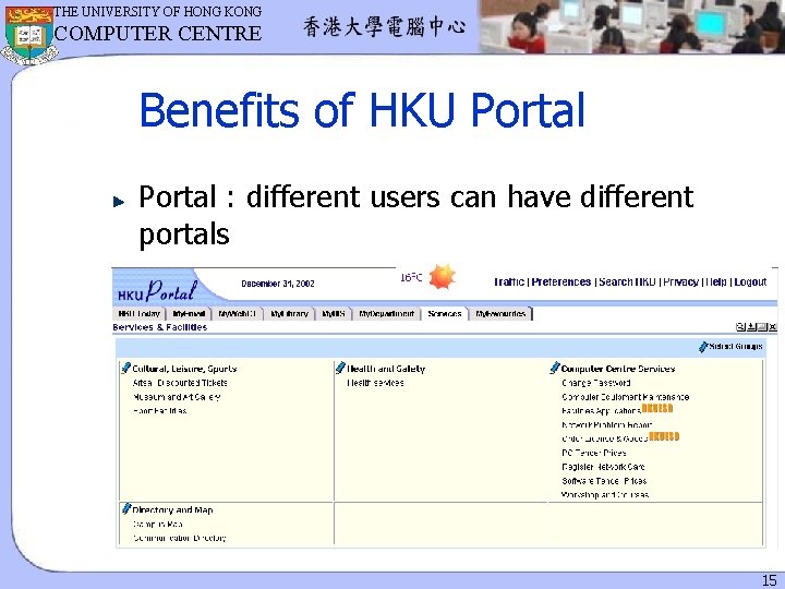 THE UNIVERSITY OF HONG KONG COMPUTER CENTRE Benefits of HKU Portal : different users
