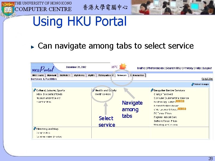 THE UNIVERSITY OF HONG KONG COMPUTER CENTRE Using HKU Portal Can navigate among tabs