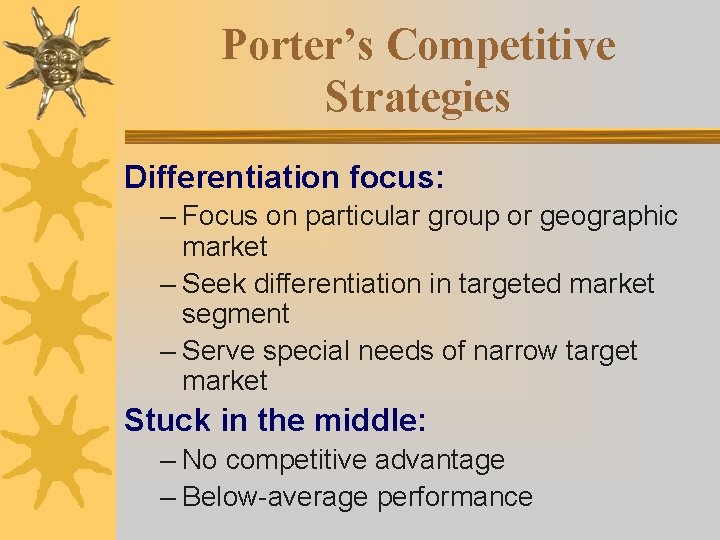 Porter’s Competitive Strategies Differentiation focus: – Focus on particular group or geographic market – Porter’s Competitive Strategies Differentiation focus: – Focus on particular group or geographic market –