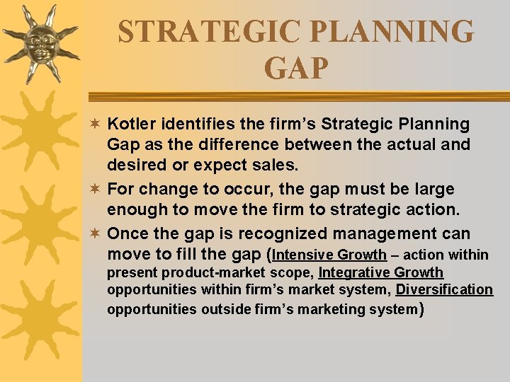 STRATEGIC PLANNING GAP ¬ Kotler identifies the firm’s Strategic Planning Gap as the difference STRATEGIC PLANNING GAP ¬ Kotler identifies the firm’s Strategic Planning Gap as the difference