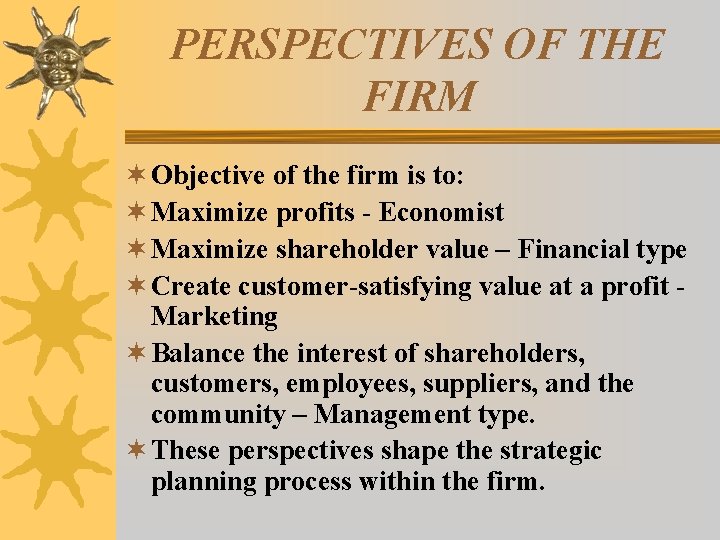 PERSPECTIVES OF THE FIRM ¬ Objective of the firm is to: ¬ Maximize profits PERSPECTIVES OF THE FIRM ¬ Objective of the firm is to: ¬ Maximize profits