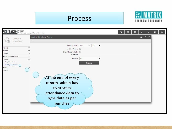 Process At the end of every month, admin has to process attendance data to