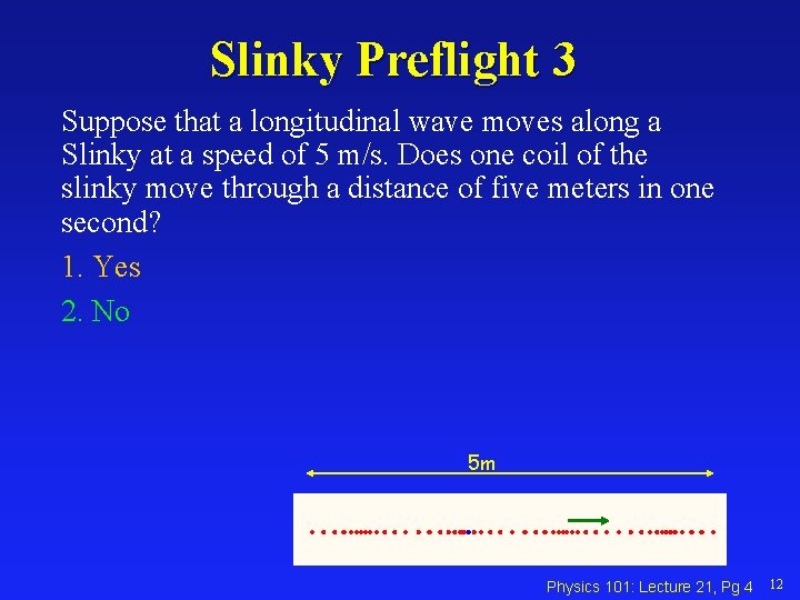 Slinky Preflight 3 Suppose that a longitudinal wave moves along a Slinky at a