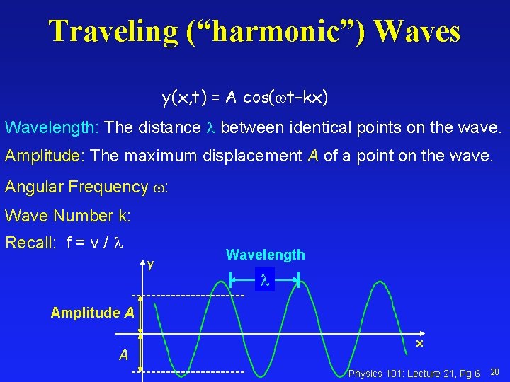 Traveling (“harmonic”) Waves y(x, t) = A cos(wt–kx) Wavelength: The distance between identical points