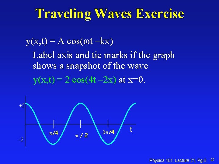 Traveling Waves Exercise y(x, t) = A cos(wt –kx) Label axis and tic marks