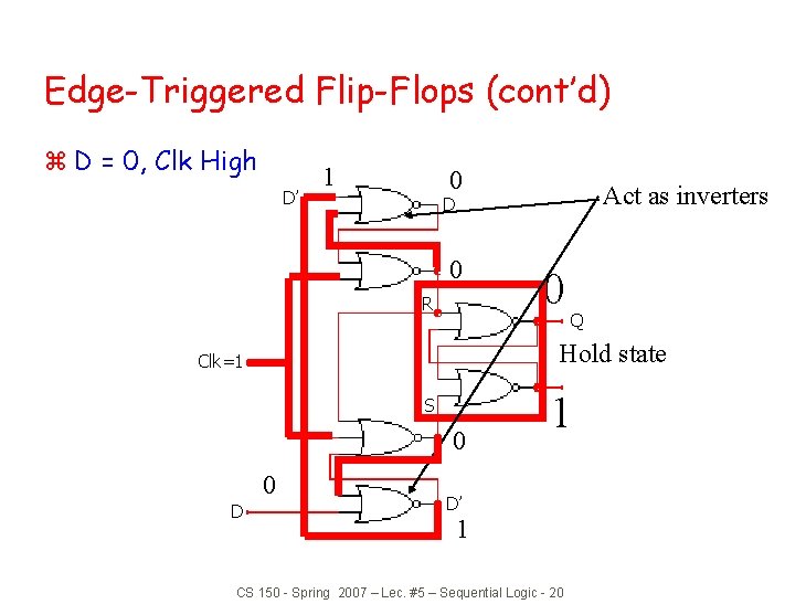 Edge-Triggered Flip-Flops (cont’d) z D = 0, Clk High D’ 1 0 D’ 0