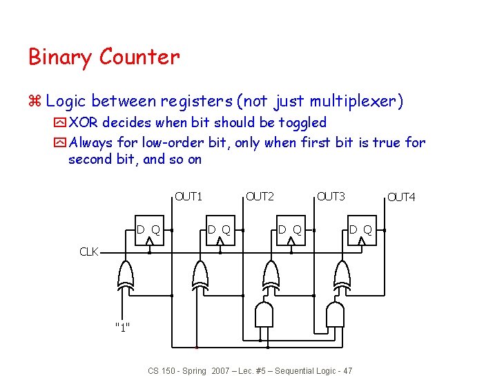 Binary Counter z Logic between registers (not just multiplexer) y XOR decides when bit