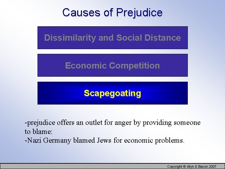 Causes of Prejudice Dissimilarity and Social Distance Economic Competition Scapegoating -prejudice offers an outlet