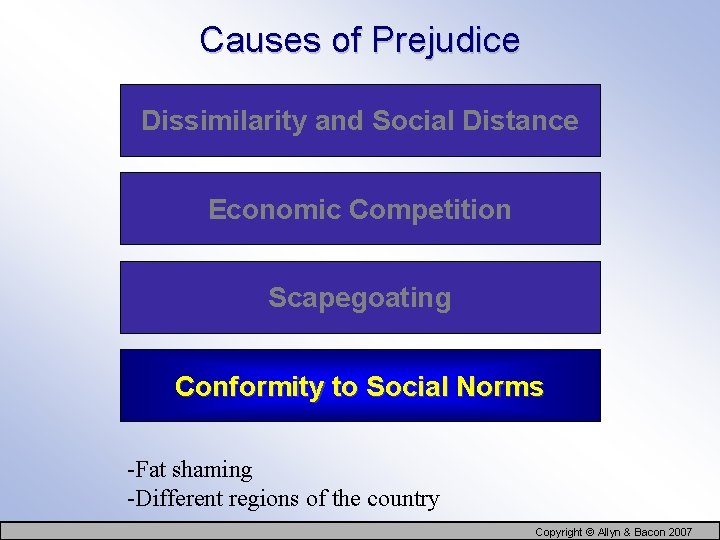 Causes of Prejudice Dissimilarity and Social Distance Economic Competition Scapegoating Conformity to Social Norms