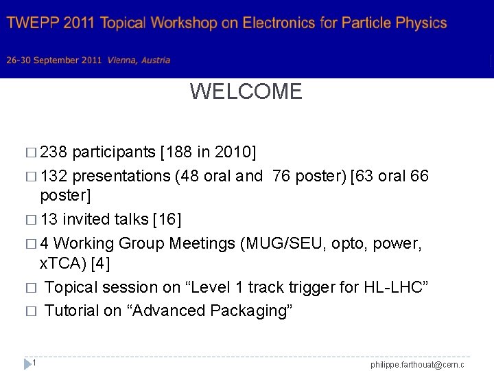 WELCOME � 238 participants [188 in 2010] � 132 presentations (48 oral and 76