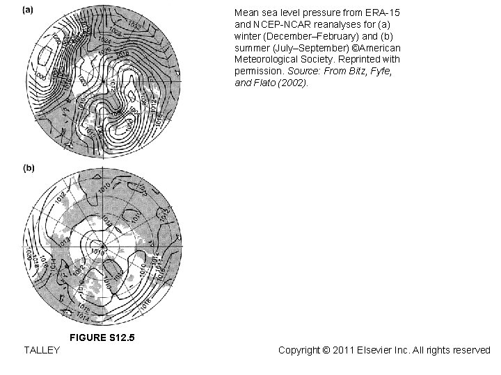 Mean sea level pressure from ERA-15 and NCEP-NCAR reanalyses for (a) winter (December–February) and