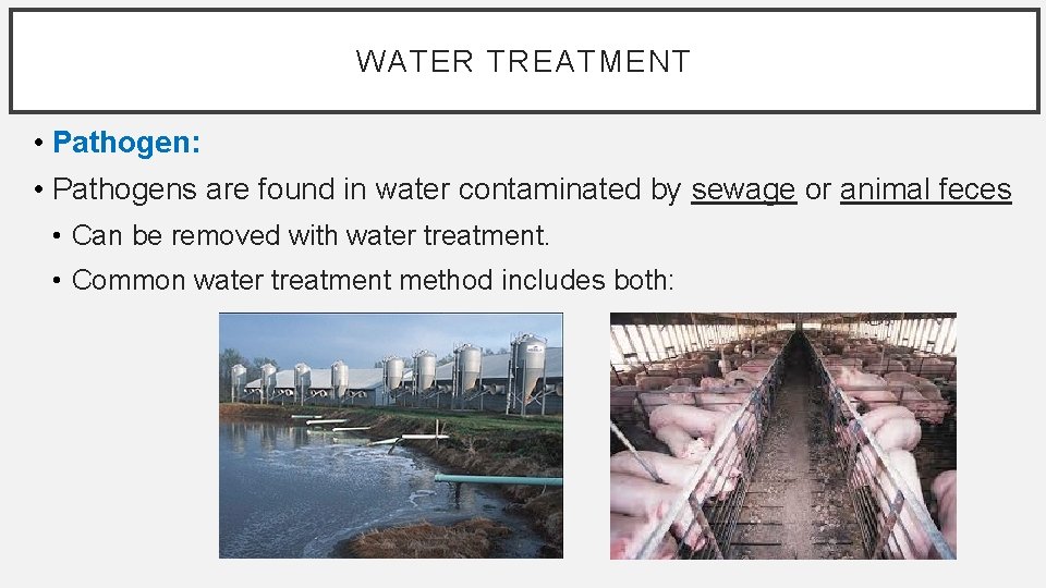 WATER TREATMENT • Pathogen: • Pathogens are found in water contaminated by sewage or