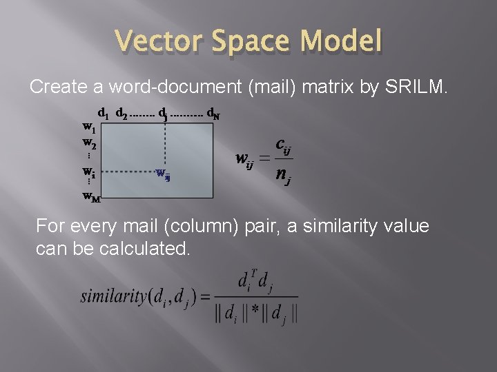 Vector Space Model Create a word-document (mail) matrix by SRILM. For every mail (column) Vector Space Model Create a word-document (mail) matrix by SRILM. For every mail (column)