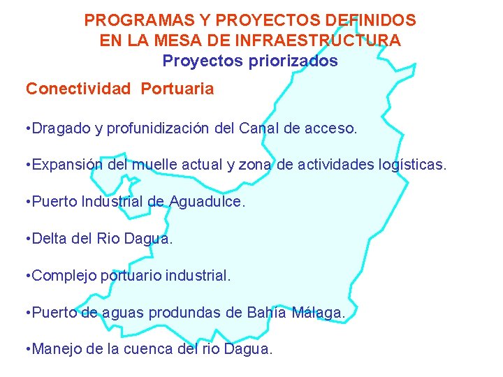 PROGRAMAS Y PROYECTOS DEFINIDOS EN LA MESA DE INFRAESTRUCTURA Proyectos priorizados Conectividad Portuaria •