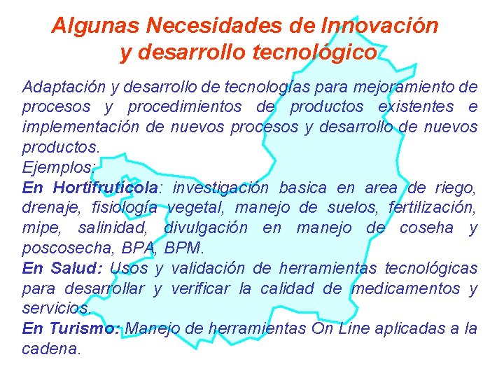 Algunas Necesidades de Innovación y desarrollo tecnológico Adaptación y desarrollo de tecnologías para mejoramiento