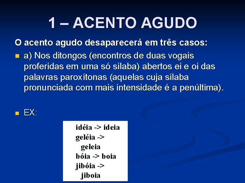 1 – ACENTO AGUDO O acento agudo desaparecerá em três casos: n a) Nos