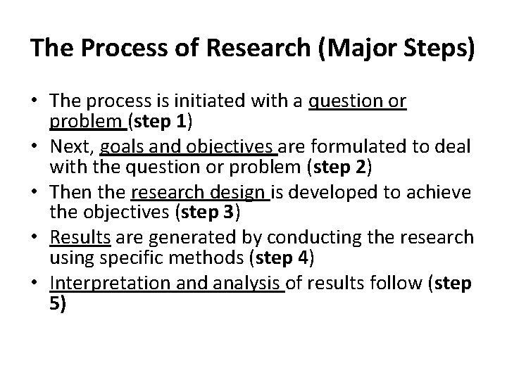 The Process of Research (Major Steps) • The process is initiated with a question