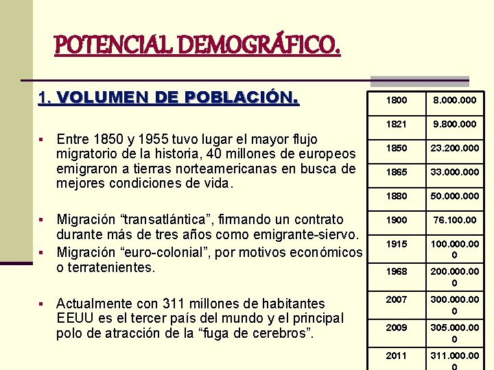 POTENCIAL DEMOGRÁFICO. 1. VOLUMEN DE POBLACIÓN. 1800 8. 000 1821 9. 800. 000 1850