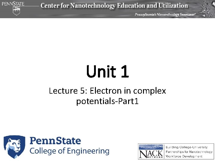 Unit 1 Lecture 5: Electron in complex potentials-Part 1 