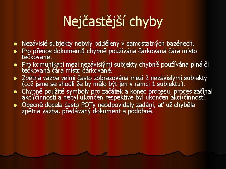 Nejčastější chyby l l l Nezávislé subjekty nebyly odděleny v samostatných bazénech. Pro přenos