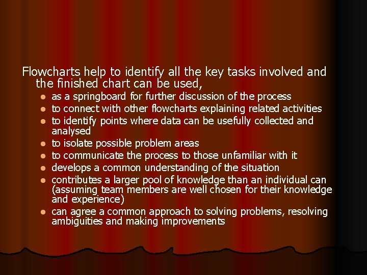 Flowcharts help to identify all the key tasks involved and the finished chart can