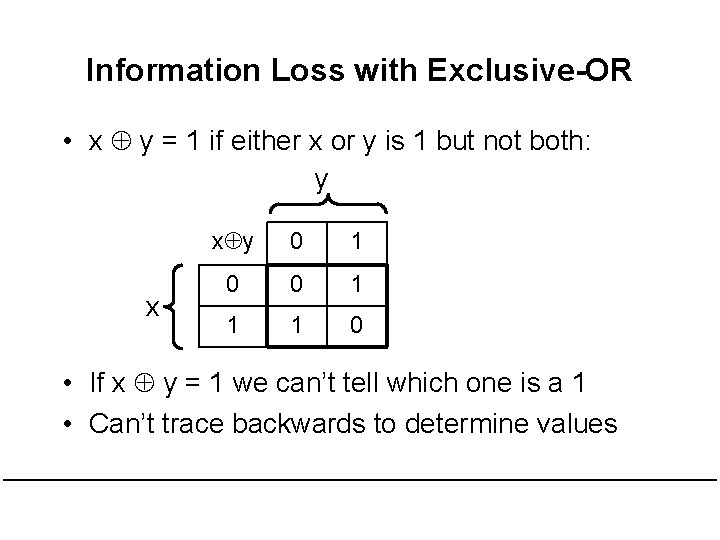 Information Loss with Exclusive-OR • x y = 1 if either x or y