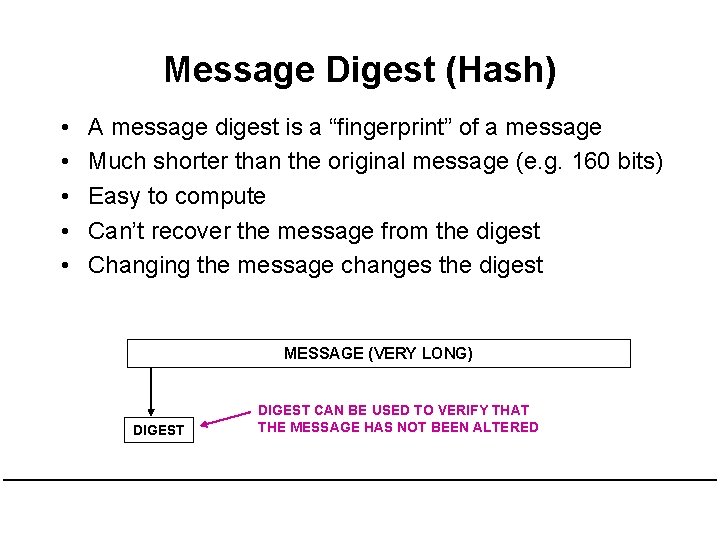 Message Digest (Hash) • • • A message digest is a “fingerprint” of a