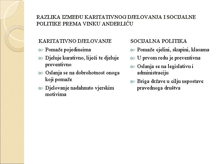 RAZLIKA IZMEĐU KARITATIVNOG DJELOVANJA I SOCIJALNE POLITIKE PREMA VINKU ANDERLIĆU KARITATIVNO DJELOVANJE SOCIJALNA POLITIKA