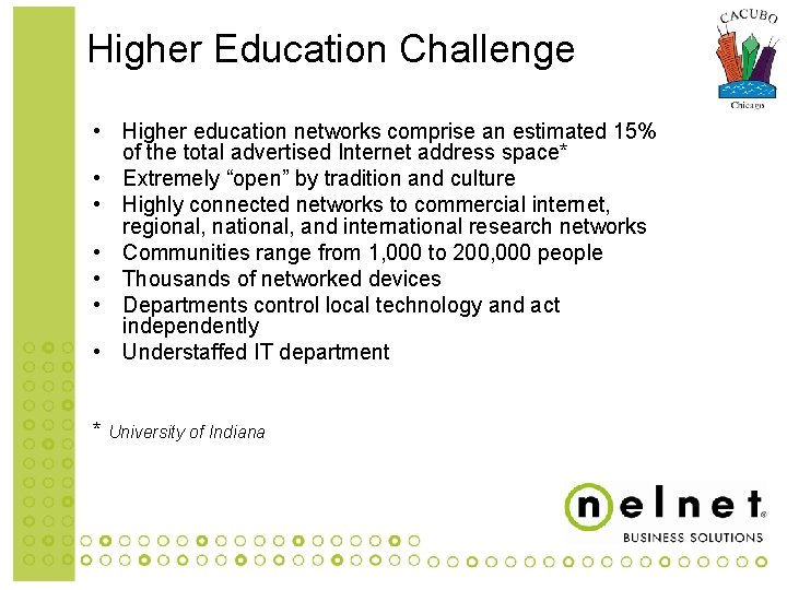 Higher Education Challenge • Higher education networks comprise an estimated 15% of the total