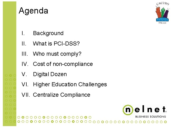 Agenda I. Background II. What is PCI-DSS? III. Who must comply? IV. Cost of