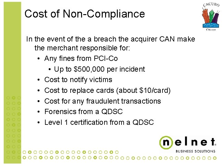 Cost of Non-Compliance In the event of the a breach the acquirer CAN make