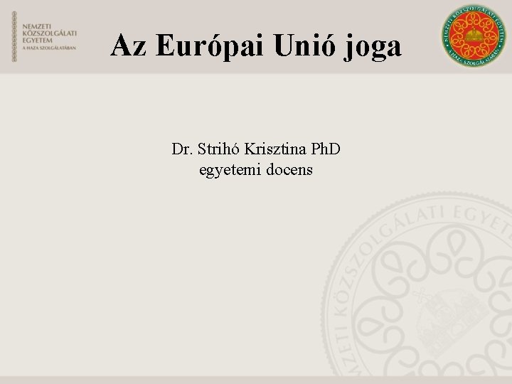 Az Európai Unió joga Dr. Strihó Krisztina Ph. D egyetemi docens 