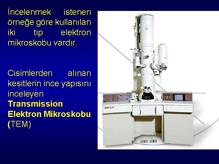 İncelenmek istenen örneğe göre kullanılan iki tip elektron mikroskobu vardır. Cisimlerden alınan kesitlerin ince İncelenmek istenen örneğe göre kullanılan iki tip elektron mikroskobu vardır. Cisimlerden alınan kesitlerin ince