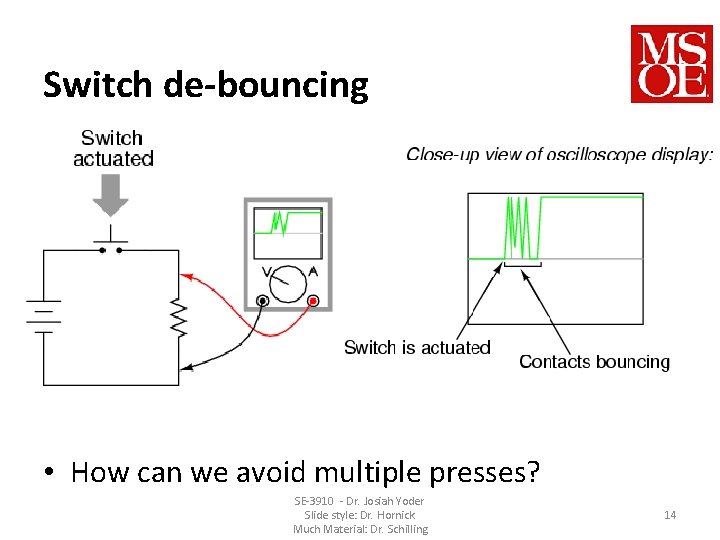 Switch de-bouncing • How can we avoid multiple presses? SE-3910 - Dr. Josiah Yoder