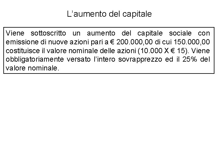 L’aumento del capitale Viene sottoscritto un aumento del capitale sociale con emissione di nuove